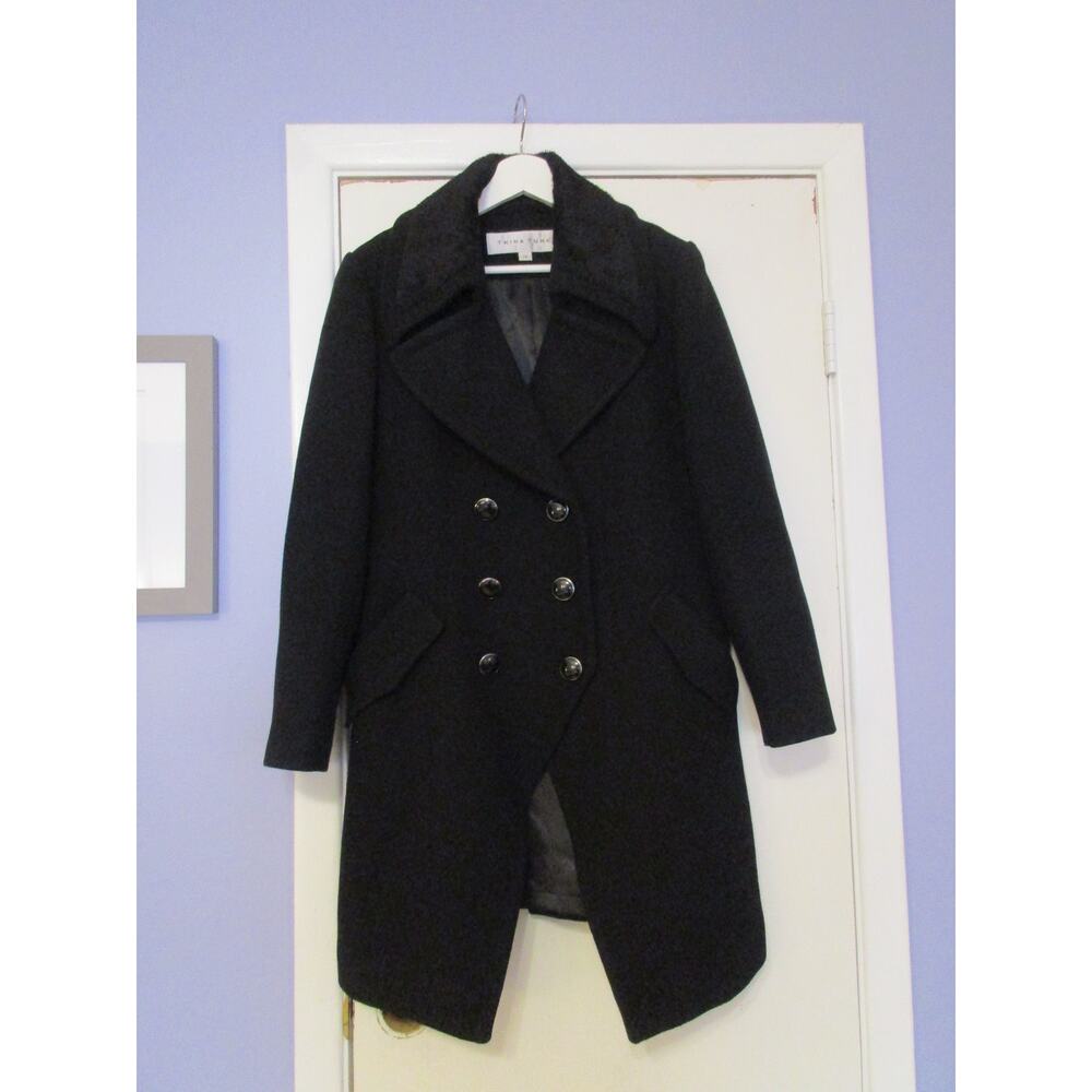 Trina Turk Coat Womens 10 Black Wool Blend Double Breast High low Military Pea
